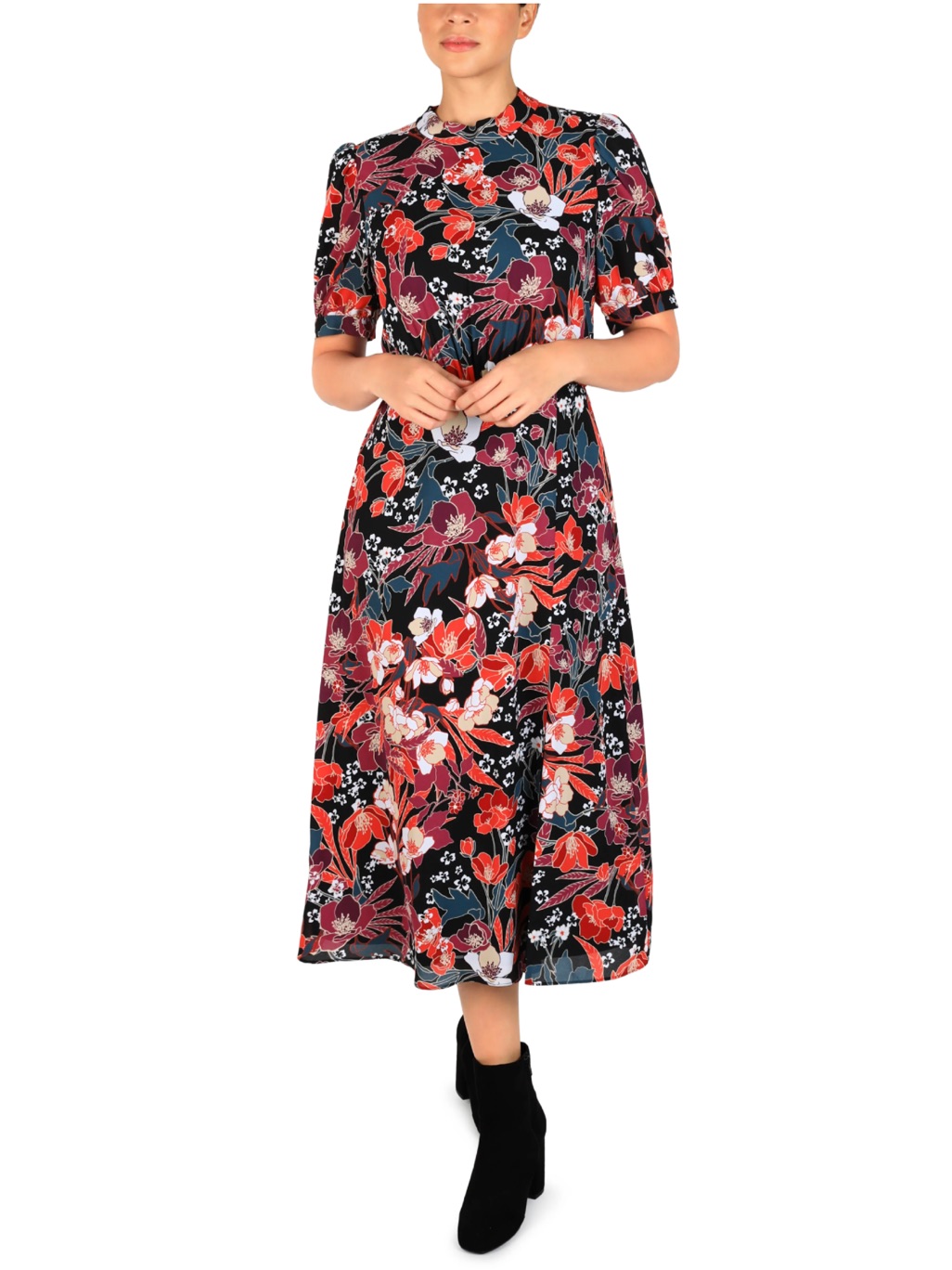 Julia Jordan Black Floral Midi Dress With Red & Orange Blooms